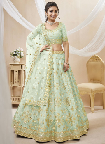 Paper Mirror Work Pista Green Mulberry Silk Lehenga Choli